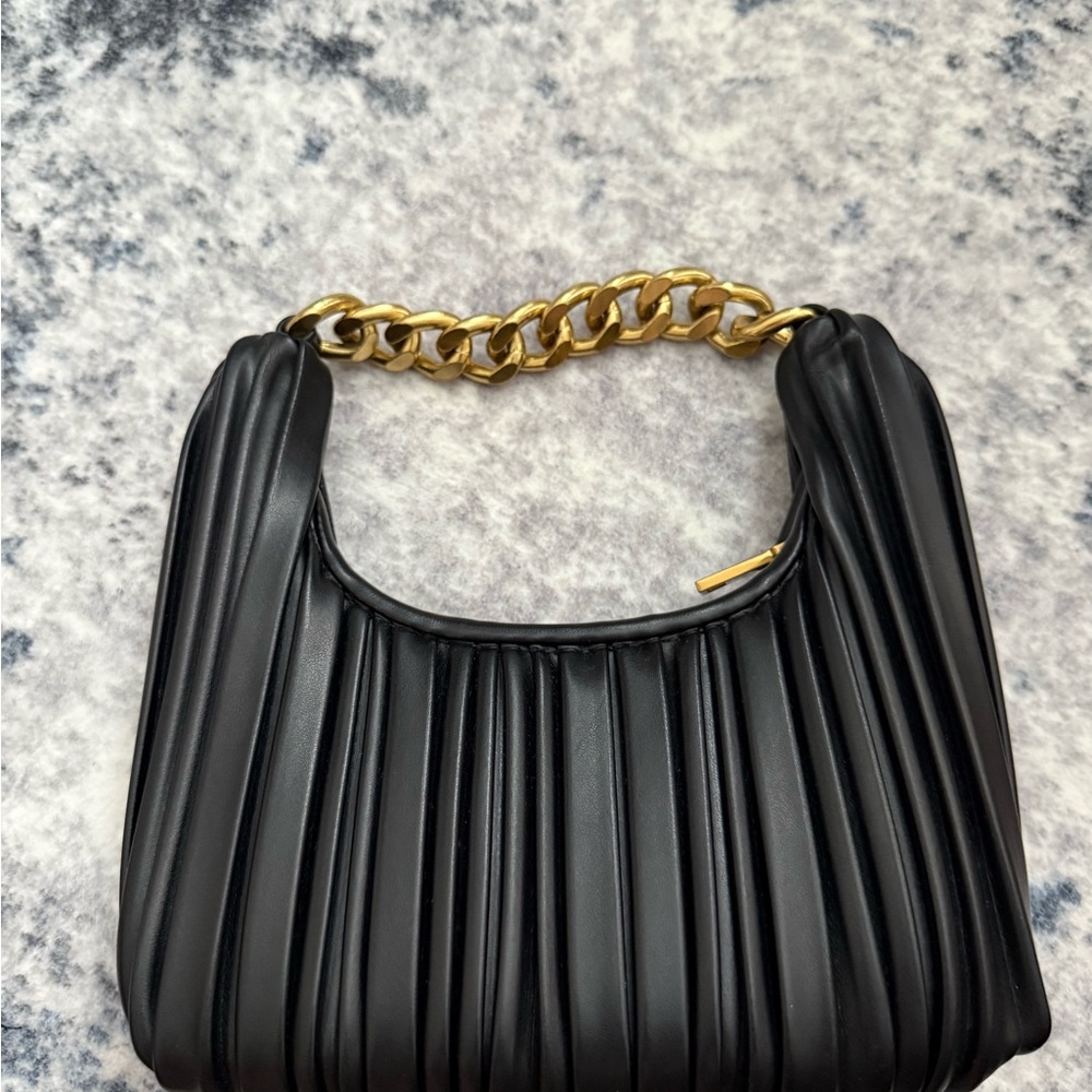 Urban Expressions Black Pleated Shoulder Bag with Gold Chain